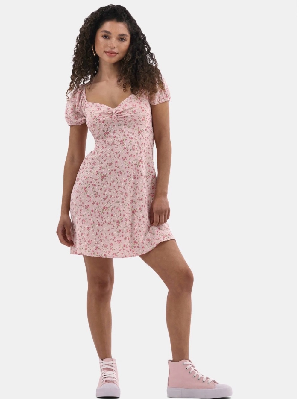 No Boundaries Chalk Pink Front Twist Detail Short Puff Sleeves Mini Dress - Picture 3 of 5